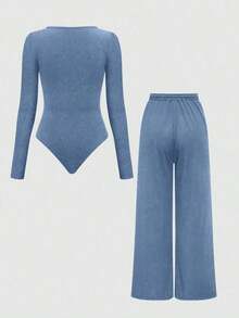Set de 2 piezas: Top con bajo asimétrico y pantalones de unicolor - Niebla azul - Ver 2