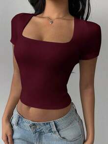 Top corto ajustado de mujer con cuello convertible de punto de unicolor - Burdeos - Ver 6