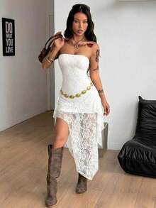 Vestido asimétrico sin mangas para mujer, estilo callejero de verano, Y2K, club, sexy, concierto, festival de música - Blanco - Ver 2