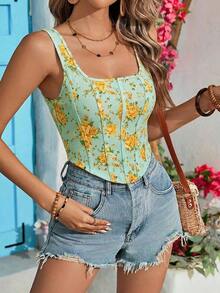 Top corto de punto con estampado de vacaciones para mujer - Verde - Ver 6