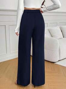 Tall Pantalones anchos de cintura alta de unicolor y versátiles, pantalones de cintura alta de estilo casual de otoño e invierno, pantalones negros de mujer, pantalones negros de vestir de pierna ancha, pantalones negros casuales, pantalones de esti - Azul marino - Ver 2