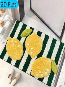 1pc Green & White Striped Bath Mat With Lemon Pattern, Made Of Crystal Velvet, Machine Washable, Suitable For Bathroom, Bathroom Entrance, Bathtub, Shower Area, Vanity, Adds Cheerfulness, Ins Style, Suitable For Spring And Summer - A - View 4