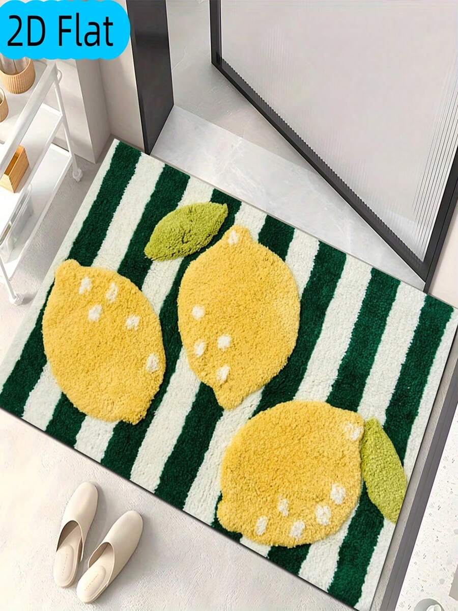 1pc Green & White Striped Bath Mat With Lemon Pattern, Made Of Crystal Velvet, Machine Washable, Suitable For Bathroom, Bathroom Entrance, Bathtub, Shower Area, Vanity, Adds Cheerfulness, Ins Style, Suitable For Spring And Summer - A - View 1