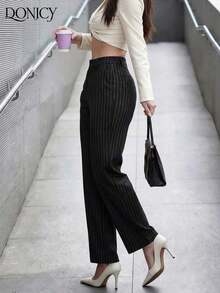 Pantalones rectos de cintura alta de unicolor con pliegues para mujer, suaves y cómodos, versátiles y elegantes para uso casual urbano, adecuados para uso diario casual, citas, fiestas, San Valentín, carnaval y oficina - Negro - Ver 6