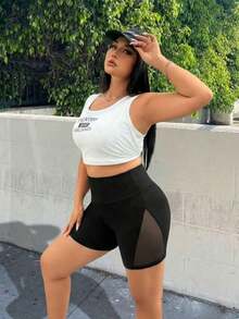 Shorts informales de mujer talla grande de color negro con aplicación de malla ajustada - Negro - Ver 3