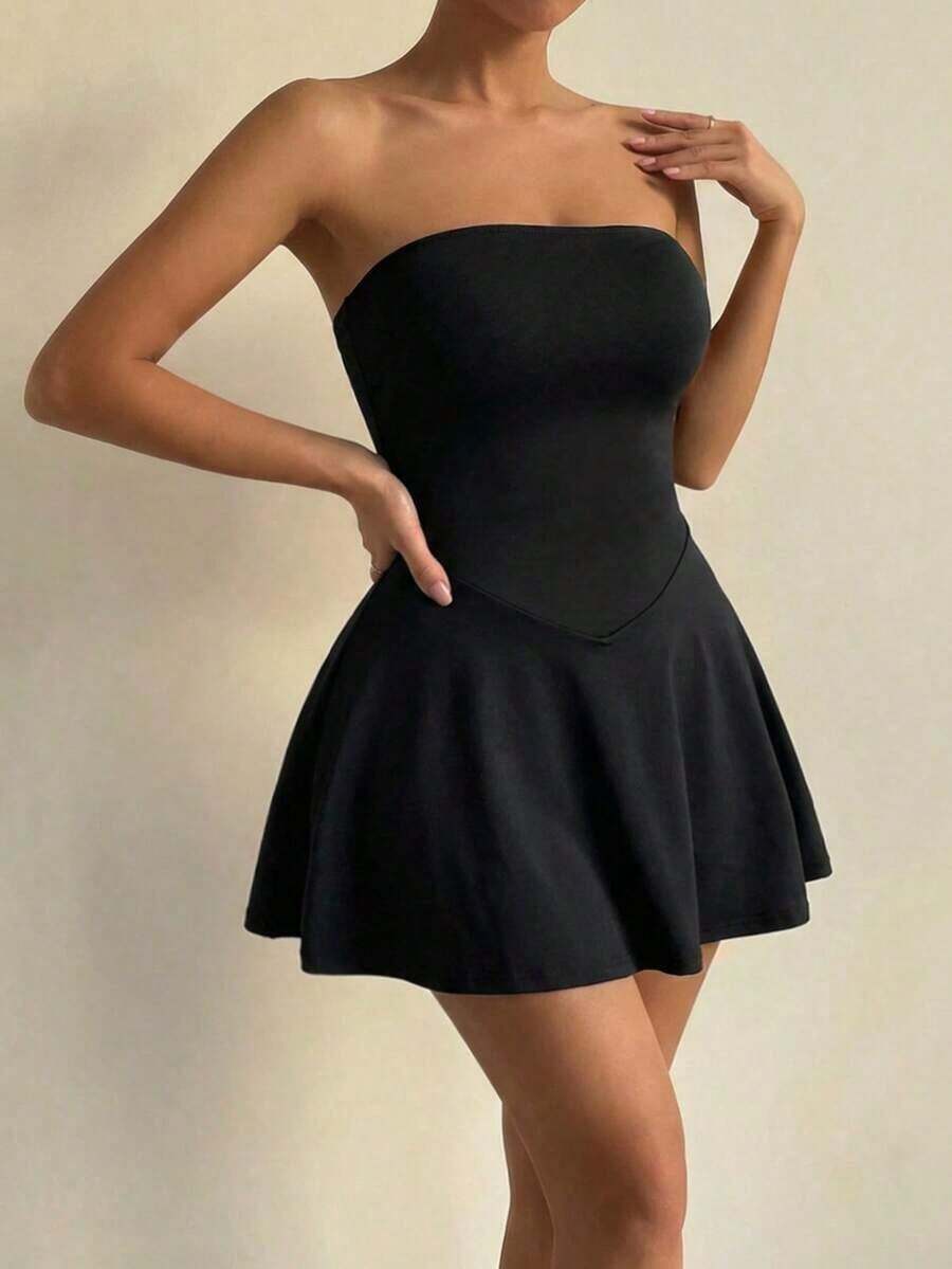 Vestido mini sin tirantes con dobladillo de volantes para mujer - Negro - Ver 1