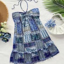 Western Wear Women,Summer Dresses For Women,Vacation Outfits Woman,Bohemian,Rave Outfit Festival,Concert Outfit Women,Easter Dress Women,Women's Vacation Colorful Retro Print Drawstring Front & Back Tie Layered Mini Dress, Music Festival Outfit,Sun Dress - Multicolor - Ver 9