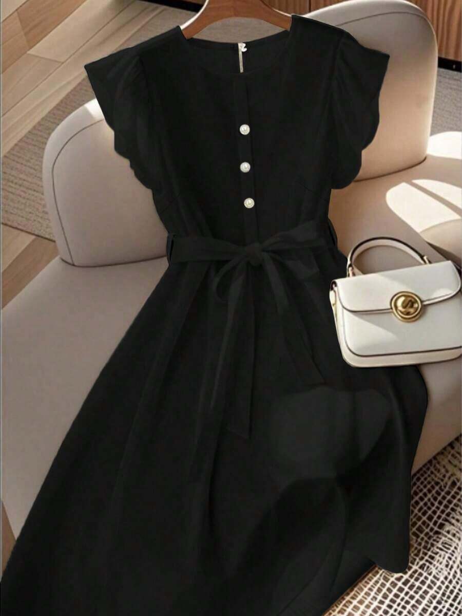 Vestido de mujer de longitud media, cómodo y suave, sin estiramiento, con cuello redondo, mangas de vuelo, cintura elástica, decoración de botones de perla, estilo francés elegante y versátil para vacaciones y viajes, color albaricoque, primavera - Negro - Ver 1