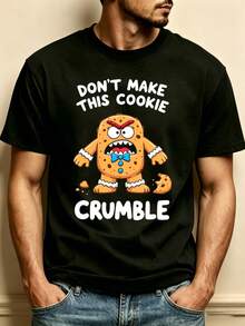 Camiseta de cuello redondo para hombre, 100% algodón, diseño de galleta enojada con la frase "No hagas que esta galleta se desmorone", corte holgado, suave y cómodo, ideal como regalo de Halloween o Navidad, con estampado de palmeras. - Negro - Ver 1
