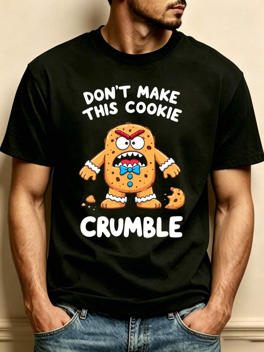 Camiseta de cuello redondo para hombre, 100% algodón, diseño de galleta enojada con la frase "No hagas que esta galleta se desmorone", corte holgado, suave y cómodo, ideal como regalo de Halloween o Navidad, con estampado de palmeras. - Negro - Ver 1