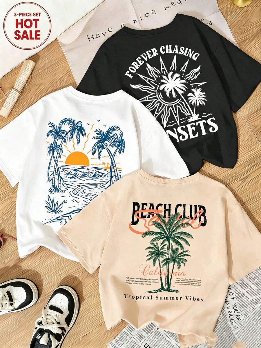 Single Garment, Not A 3-Piece Set. 1 Piece/Set Of Short-Sleeved T-Shirts Suitable For Streetwear. Oversized Crew Neck Top For Daily Outings, Camping, Concerts, Hip-Hop, Rock, And Rap Events. New Casual And Versatile Summer T-Shirts With A Minimalist Print Of Palm Trees, Sunsets, And California Beaches. Crew Neck And Short Sleeves For Women. - 白色 - 查看 1