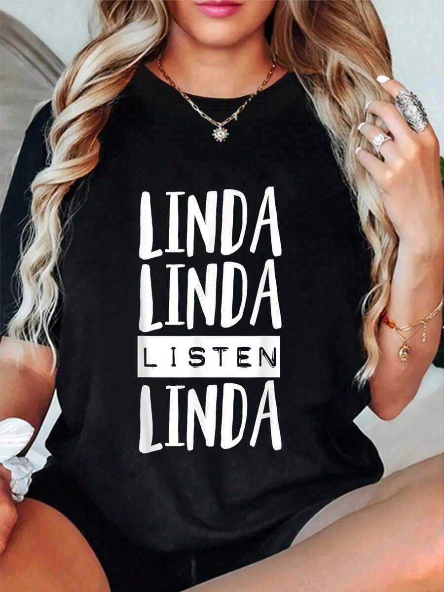 Cute 100% Cotton T-Shirt, Listens To Music, Funny T-Shirt Gift, Cute Listens To Music T-Shirt, Women's T-Shirt, Casual Short Sleeve Round Neck Top, Suitable For Spring And Summer, Women's Clothing. - 黑色 - 查看 1
