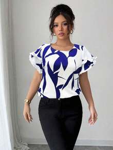 Blusa suelta de manga corta con cuello redondo, borde en contraste y estampado aleatorio, elegante para uso cotidiano, casual y vacaciones - Azul - Ver 4
