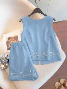 Conjunto casual de vacaciones para mujer, blusa con cuello redondo y estampado teñido anudado en la espalda, combinada con shorts estampados, para /verano - Azul - Ver 2