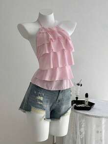 Blusa casual de mujer con cuello de volantes en capas de unicolor - Rosa Pálido - Ver 4