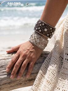 1pc Punk Hip-Hop Rhinestone Embellished Wide Leather Bracelet, Vintage Wasteland Style Bangle Wristband, Suitable For Parties, Music Festivals, Street Wear - Dots - View 2