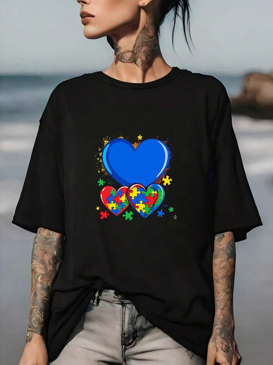 Camiseta Suave de 180 g con Diseño de Rompecabezas de Corazón para la Concientización sobre el Autismo - Regalo perfecto para familiares y amigos, ideal para eventos de apoyo al autismo y recaudaciones de fondos. - Negro - Ver 1