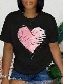 1 Piece Of Women's Clothing For Valentine's Day, Black T-Shirt With Abstract Heart Print, Casual Unisex Round Neck T-Shirt, 220 G/M² Lightweight Knit Fabric, Machine Washable, For Spring/Summer/Autumn, Valentine's Day, Christmas, New Year. - 黑色 - 查看 1
