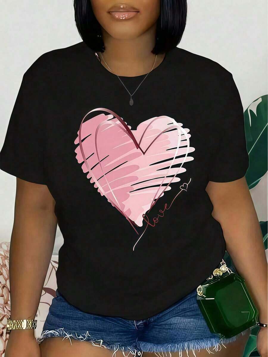 1 Piece Of Women's Clothing For Valentine's Day, Black T-Shirt With Abstract Heart Print, Casual Unisex Round Neck T-Shirt, 220 G/M² Lightweight Knit Fabric, Machine Washable, For Spring/Summer/Autumn, Valentine's Day, Christmas, New Year. - 黑色 - 查看 1