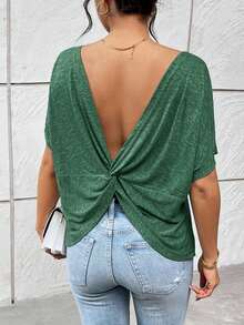 Camiseta gris de verano casual para mujer con escote trasero y nudo trenzado - Verde - Ver 4