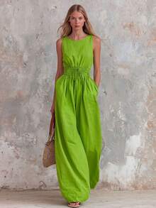 Women's Retro Casual Jumpsuit In Green With Ruffle, V-Neck And Sleeveless, Made Of Cotton And Linen - Fluorescent Green - View 1