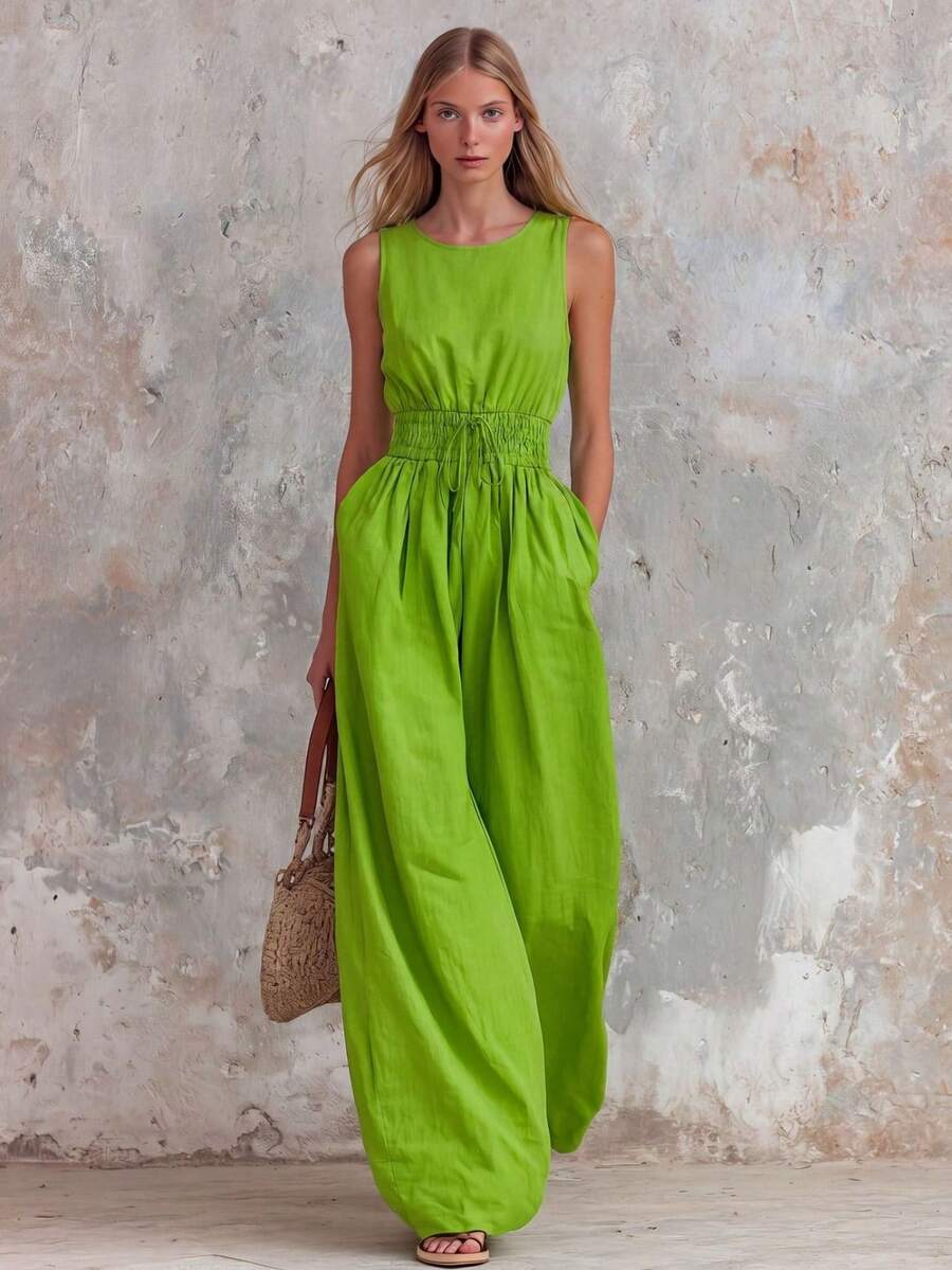 Women's Retro Casual Jumpsuit In Green With Ruffle, V-Neck And Sleeveless, Made Of Cotton And Linen - Fluorescent Green - View 1