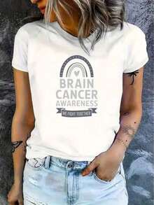 Camiseta de Mujer 100% Algodón de Manga Corta con Estampado Gráfico de Arcoíris y Corazón para la Concientización sobre el Cáncer de Cerebro - Blanco - Ver 4