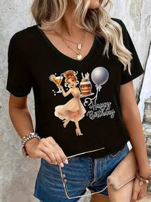 Women's Floral Print V-Neck T-Shirt - Birthday Design With Balloons And Champagne, Happy Birthday Text, Casual And Comfortable Fit For Casual Wear And Parties, Spring, Summer And Autumn Outfits, Machine Washable Sports T-Shirt, Party Wear, Seasonal Fashion, Festive Style, Breathable Material, Durable Stitching, Printed T-Shirt, Adults - 黑色 - 查看 1
