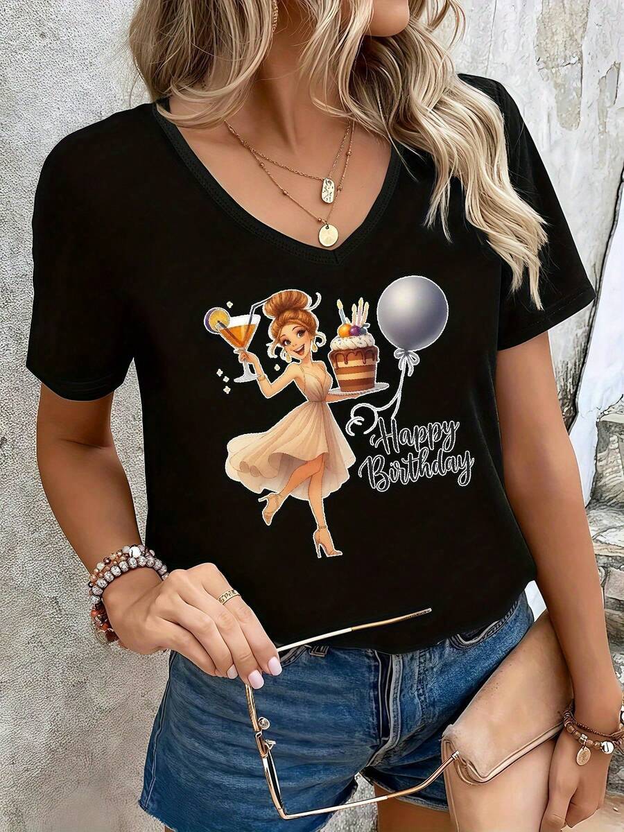 Women's Floral Print V-Neck T-Shirt - Birthday Design With Balloons And Champagne, Happy Birthday Text, Casual And Comfortable Fit For Casual Wear And Parties, Spring, Summer And Autumn Outfits, Machine Washable Sports T-Shirt, Party Wear, Seasonal Fashion, Festive Style, Breathable Material, Durable Stitching, Printed T-Shirt, Adults - 黑色 - 查看 1