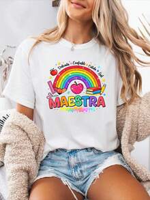Women's Breathable Short-Sleeved T-Shirt With A Spanish Alphabet Print, Plus Size, Perfect For Spring And Summer. Casual Short-Sleeved T-Shirt With A Round Neck, Suitable For All Seasons, Simple Design, Ideal For Holiday Gifts, Everyday Wear, And Cool Summer Days. - 白色 - 查看 11