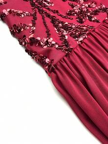UNITHORSE Women's Sequin Patchwork Elegant Waist Cinched Evening Gown - Burgundy - View 10