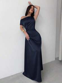 Vestido elegante asimétrico de hombro con pliegues y bajo de cola de sirena en color verde, adecuado para citas, vacaciones, bodas, eventos, regreso a la escuela, graduación, vestido de dama de honor formal, vestidos elegantes para mujer - Azul marino - Ver 7