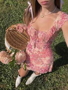 Vestido mini de flores para mujer, ideal para vacaciones de verano - Rosa 2 - Ver 8