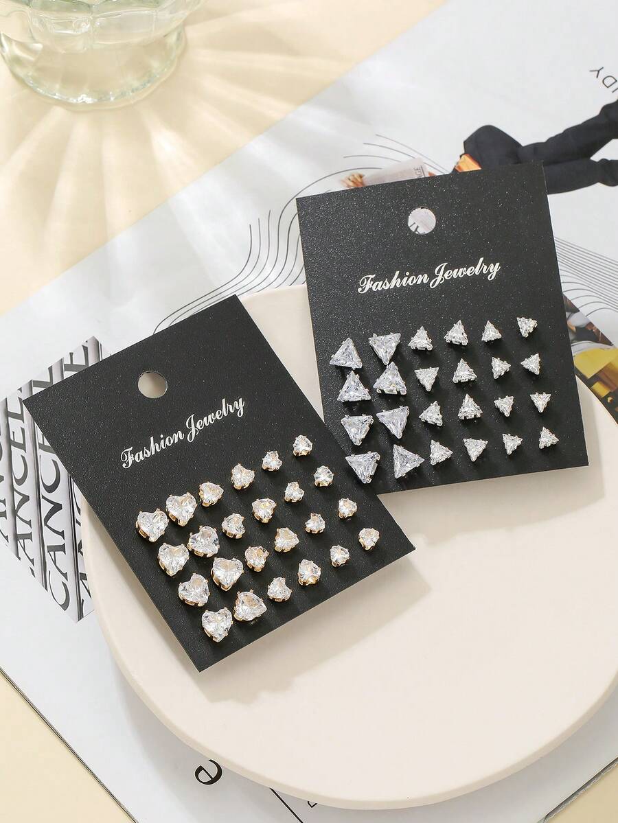 Bộ 12 đôi bông tai đính đá Zirconia hình trái tim và hình học, thích hợp làm quà tặng cho gia đình, bạn bè, các cặp đôi, đeo hàng ngày hoặc làm quà lưu niệm. - Trong sáng - Xem 1