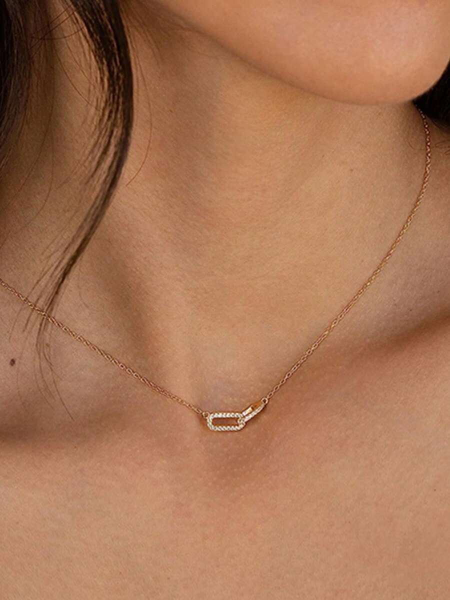 1pc Women's Necklace, Daily Party Valentine's Day Collarbone Chain, Interlocking Geometric Rhinestone, Minimalist Elegant, Rose Gold - Multicolor - View 1