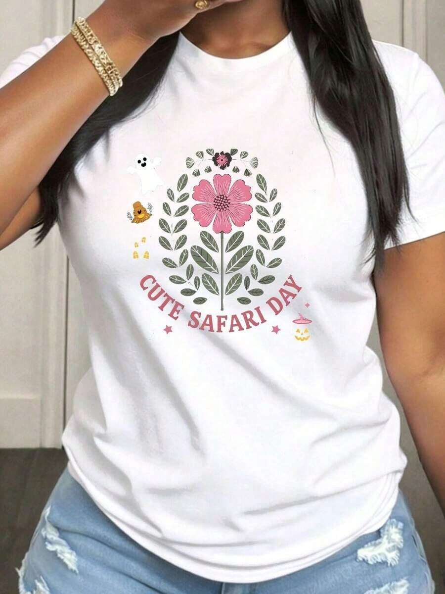 Women's Safari Day T-Shirt, Casual, Short Sleeve, Round Neck, With Medium Elasticity Fabric, Suitable For Spring, Summer And Autumn Casual Outfits, Machine Washable, Fun Design - White - View 1