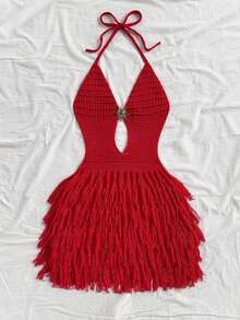 Vestido de suéter ajustado con cuello en V, escote halter y espalda con lazo, estilo bohemio, para vacaciones, otoño/invierno - Multicolor - Ver 11