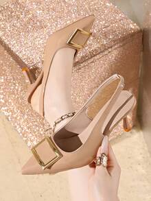 French Niche Pointed Toe Pumps, New Summer Patent Leather Backless High Heel Shoes With Square Buckle For Women - Apricot - View 3