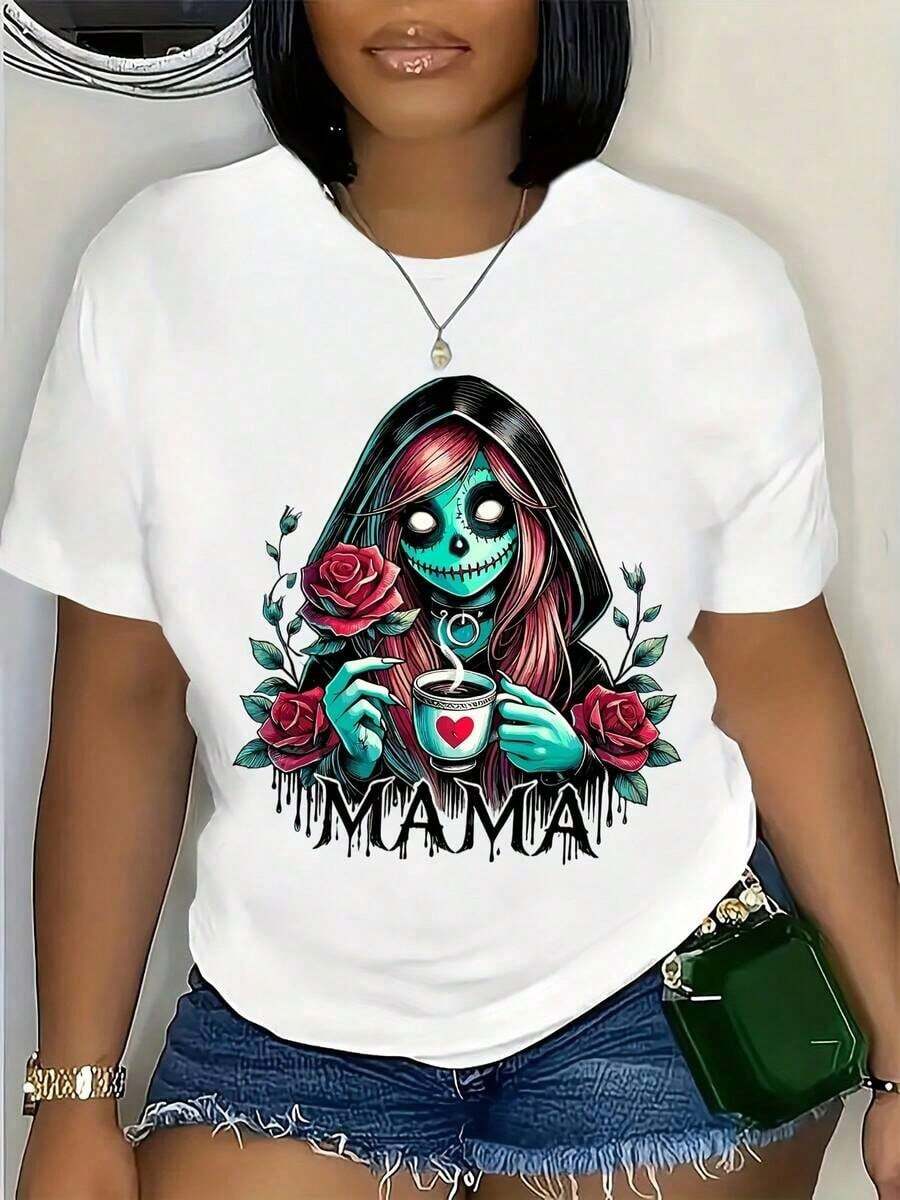 Playera mujer Day Of The Dead Mama para mujer, camiseta gráfica de mamá con calavera de azúcar, rosas y taza de café, regalo para Halloween y el Día de la Madre, top casual con temática mexicana del Día de los Muertos, disponible en tallas grandes, casual diario. - Blanco - Ver 1