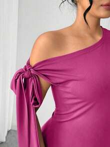Vestido corto asimétrico de hombro de unicolor para mujer de talla grande - Morado - Ver 6