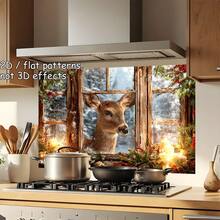 1pc 2D Flat Design Sticker Depicting A Deer In Front Of A Snowy Pine Window, Suitable For Kitchen Wall Decor. Easy To Apply, Durable PVC Material, Removable And Reusable, Flat Art Sticker, Kitchen Storage. - 1PC - View 10