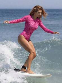 Traje de baño de una pieza con estampado floral y manga larga para mujer, ideal para la playa y vacaciones casuales - Rosado Sandía - Ver 7