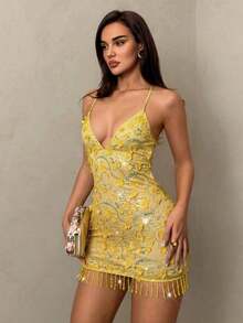 Vestido Corto de Mujer  Nuevo, Color Albaricoque, con Lentejuelas Florales, Espalda Descubierta, Cordones en la Espalda, Borlas en el Bajo, Estilo Glam Coquette,, Cuello en V, para, Playa - Amarillo pálido - Ver 2