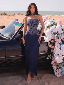 New Sexy Sleeveless Strapless Shiny Heavy Rhinestone Decorated Backless Fitted Asymmetrical Tassel Hem Bandage Maxi Dress Party Wedding Gown - Royal Blue - View 4