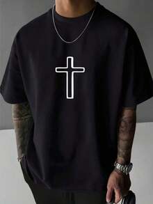 Men's Classic Graphic T-Shirt, Jesus Cross, Faith, Everyday Wear, 100% Cotton, Unisex, Gift Idea For Him Or Her, Religious Clothing, Spiritual Clothing, Christian T-Shirt, Comfortable Design, Casual Style, Summer T-Shirt - 黑色 - 查看 3