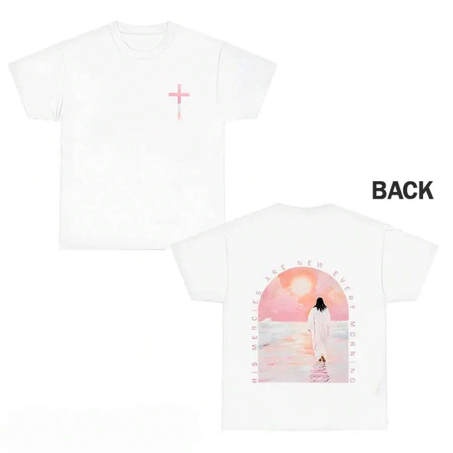 Camiseta de manga corta de algodón para mujer, estilo casual chic minimalista, con cuello redondo, estampado integral de doble cara con diseño de cruz al amanecer y escena de playa, inspiración religiosa, top casual de verano para mujer. - Blanco - Ver 1