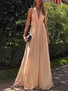 Vestido largo de fiesta plisado cuello V profundo halter espalda descubierta elegante moda verano para mujer - Albaricoque - Ver 2