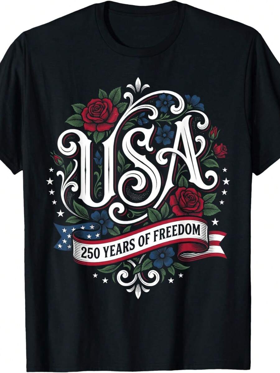 Camiseta patriótica del 250 aniversario del Día de la Independencia de EE. UU. 2026. Camiseta unisex de algodón puro de 220 g. Peso ideal para todas las estaciones, apta tanto para hombres como para mujeres. Tejido duradero de alta calidad, suave al tacto y de larga duración. Prenda transpirable, ideal para usar en otoño y en vacaciones. - Negro - Ver 1