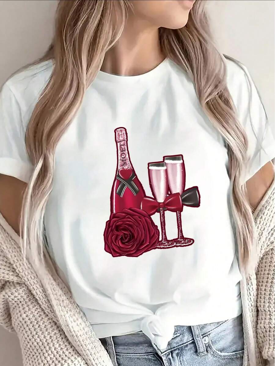 Camiseta blanca de poliéster de manga corta, decorada con motivos de botellas de champán y rosas, ligera y cómoda, adecuada para uso casual en restaurantes o en casa, una elección perfecta para noches románticas y ocasiones especiales. - Negro - Ver 1