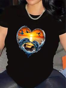 Camiseta de manga corta con diseño de atardecer con corazón de delfín| Ligero, duradero, cómodo para uso casual en casa o en el restaurante, cuello redondo, tela de elasticidad media, adecuado para todas las estaciones. - Negro - Ver 6